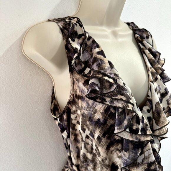 H&M Dress Size 12 Fit & Flare Satin Leopard Ruffle Brown Black Belted Stretch - Picture 4 of 9